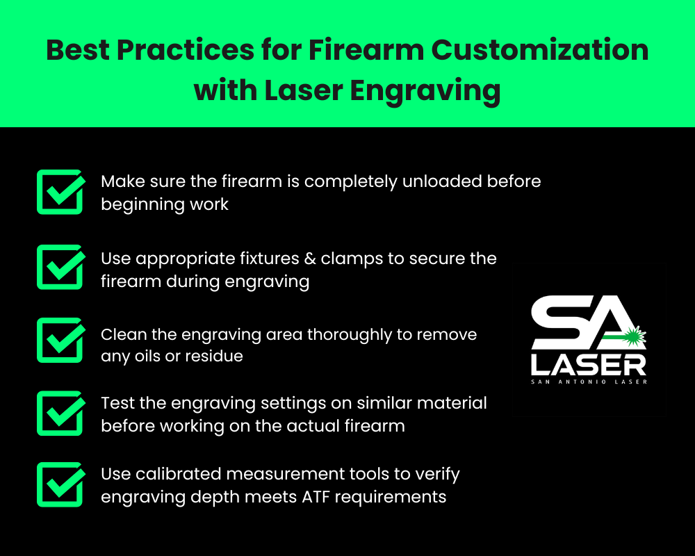 Infographic detailing best practices for firearm customization with laser engraving, including: -Use appropriate fixtures & clamps to secure the firearm during engraving -Use calibrated measurement tools to verify engraving depth meets ATF requirements -Test the engraving settings on similar material before working on the actual firearm -Clean the engraving area thoroughly to remove any oils or residue -Make sure the firearm is completely unloaded before beginning work